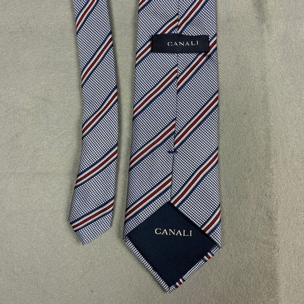 Canali Luxury Designer Necktie Blue Burgundy Striped Silk Made in USA Classic